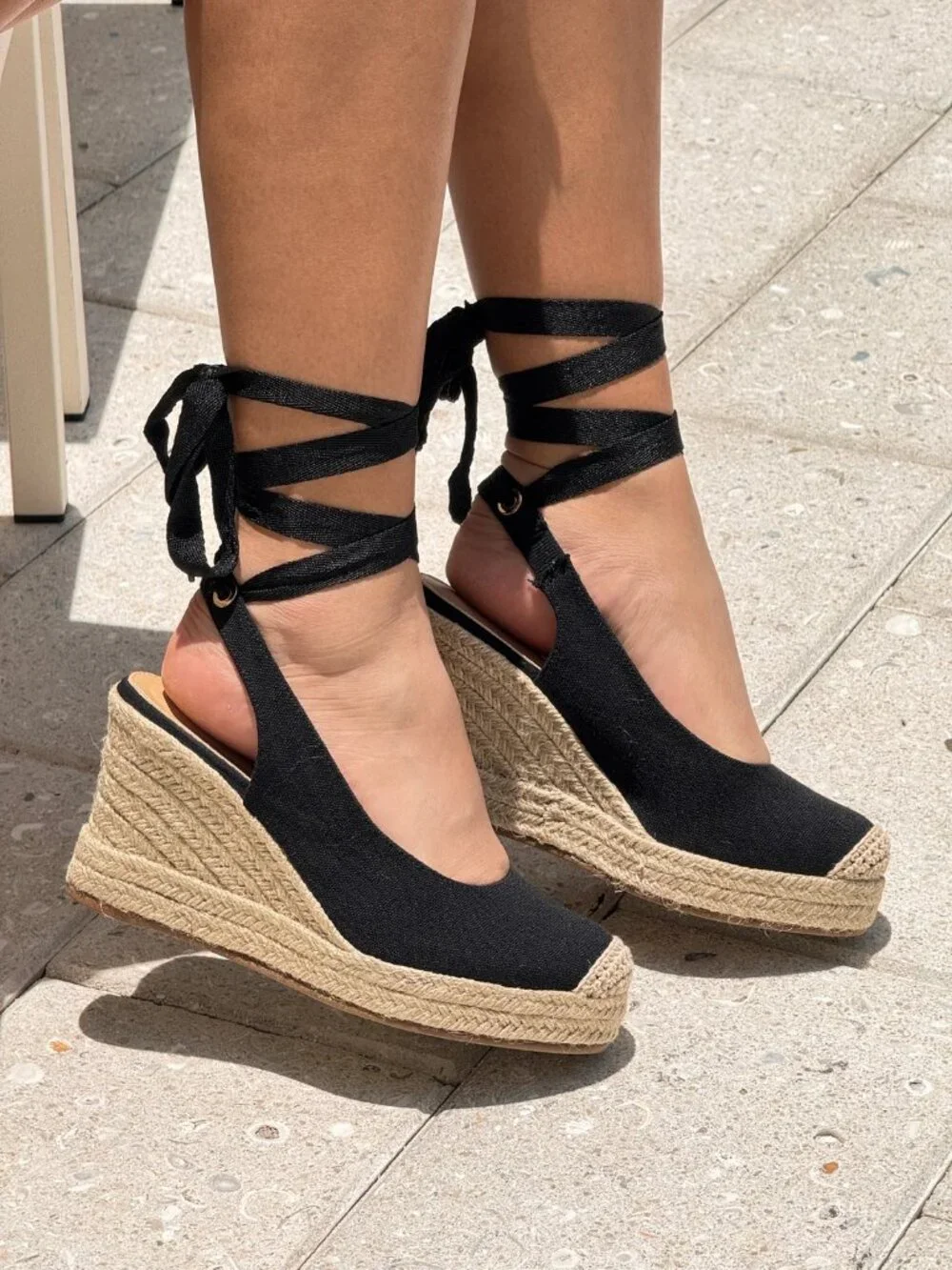 New Black Platform Wedge Heel Espadrille Raffia Boho Sandals Slingback Lace-Up